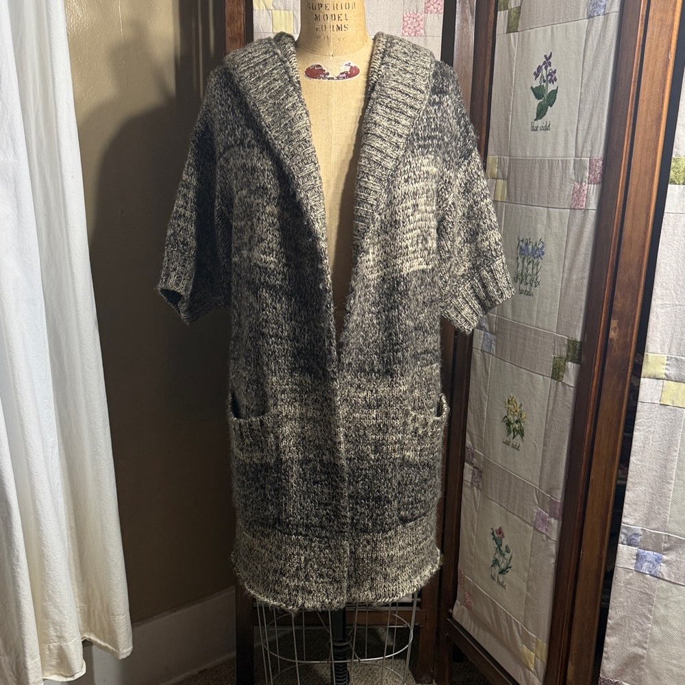 II Sisters Hooded Knit Cardigan Sweater Coat Medium Gray Marled Open Front